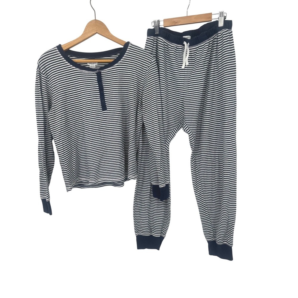 Splendid Pajama Set Women Medium Navy White Striped Henley Thermal Loungewear